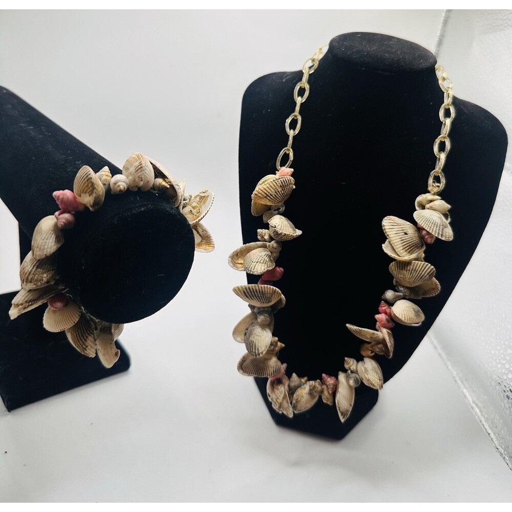 Vintage Seashell Necklace Bracelet Set Coastal Beach Boho Natural Statement